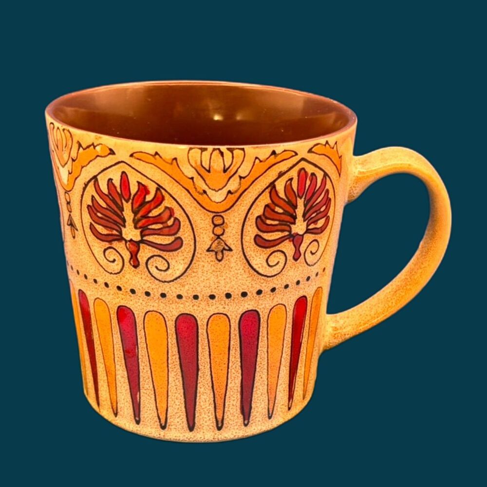 Pier 1 Myra coffee mug brown discontinued hand-painted acanthus leaves bohemian